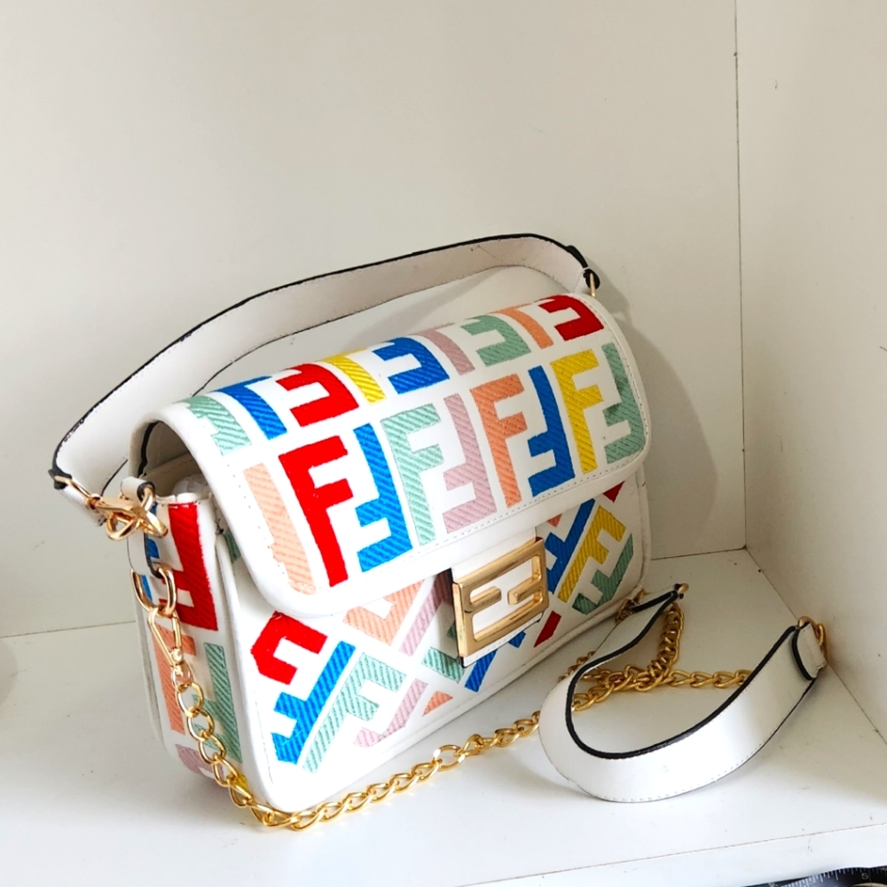 White Crossbody Bag with Multicolor Logo Print